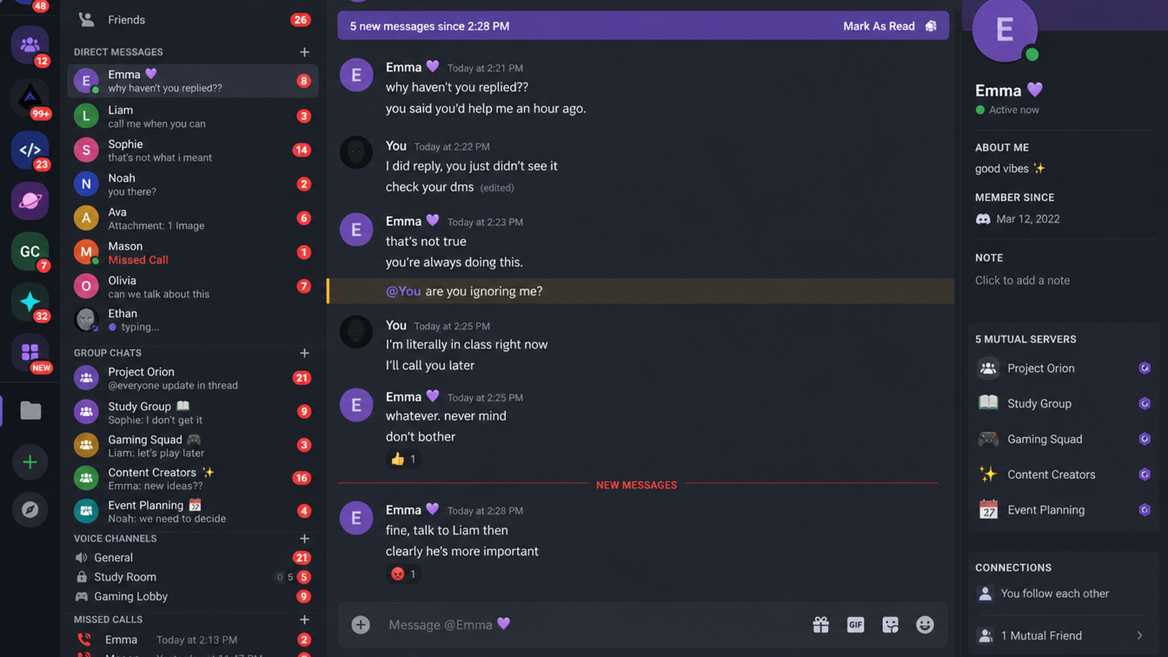Cluttered Discord interface with many unread direct messages and group chats