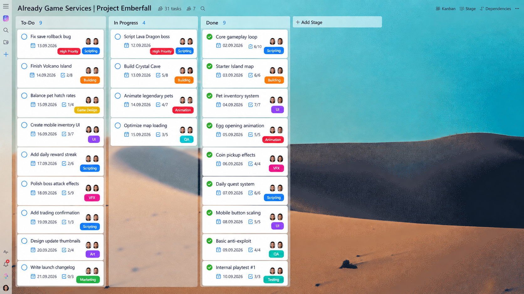 Organized Already Game Services project board with tasks sorted by stage