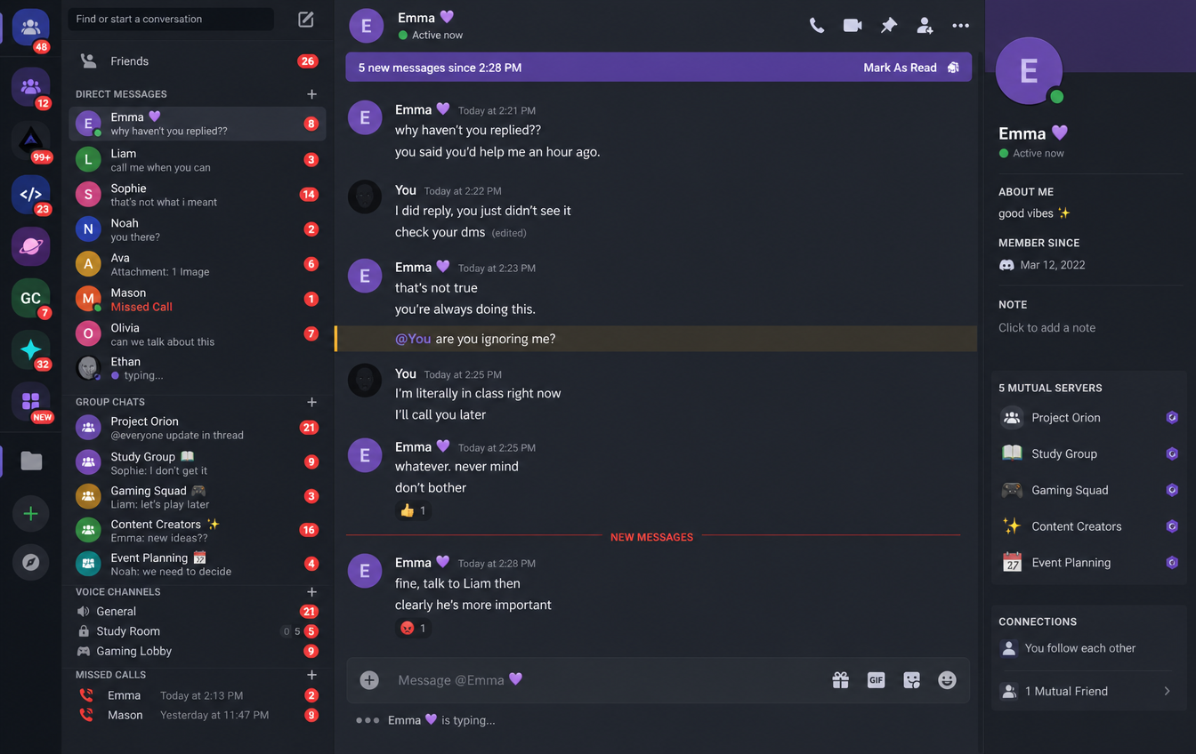 Cluttered Discord interface with many unread direct messages and group chats