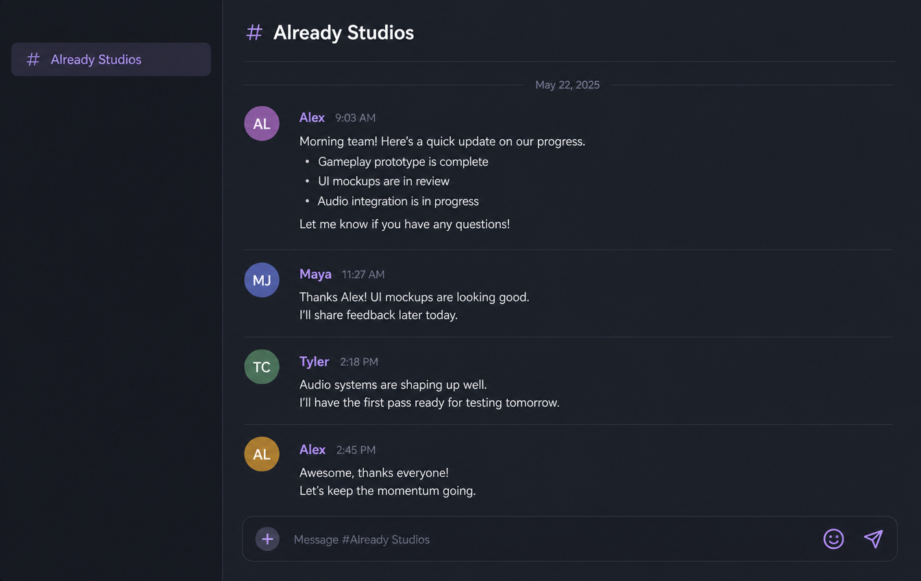 Clean Discord channel showing one organized Already Studios project conversation